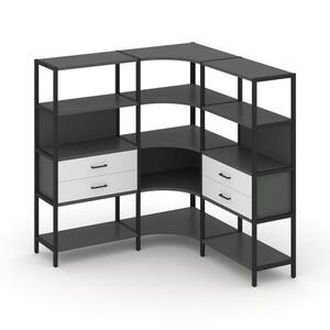 Трехсекционный угловой стеллаж четырехярусный с ящиками