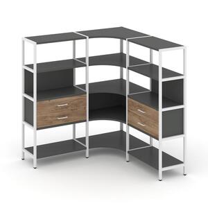 Трехсекционный угловой стеллаж четырехярусный с ящиками