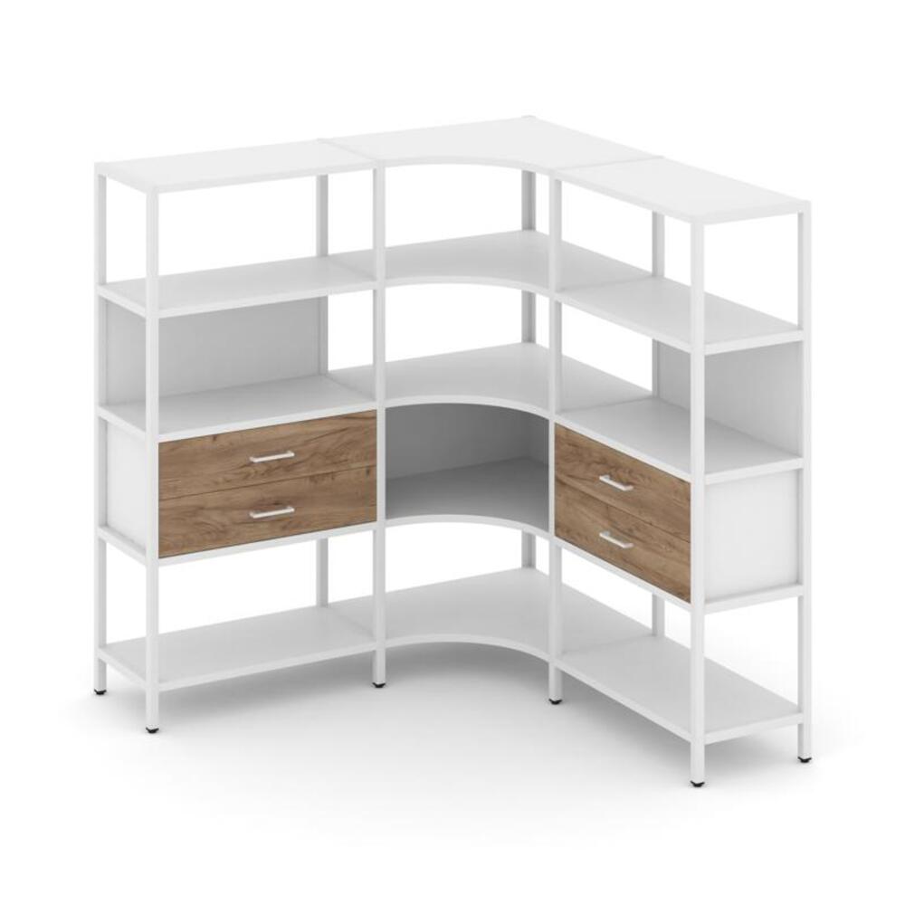 Трехсекционный угловой стеллаж четырехярусный с ящиками