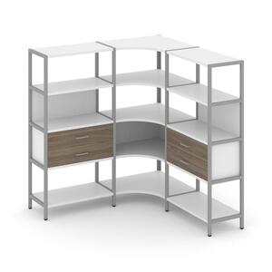 Трехсекционный угловой стеллаж четырехярусный с ящиками