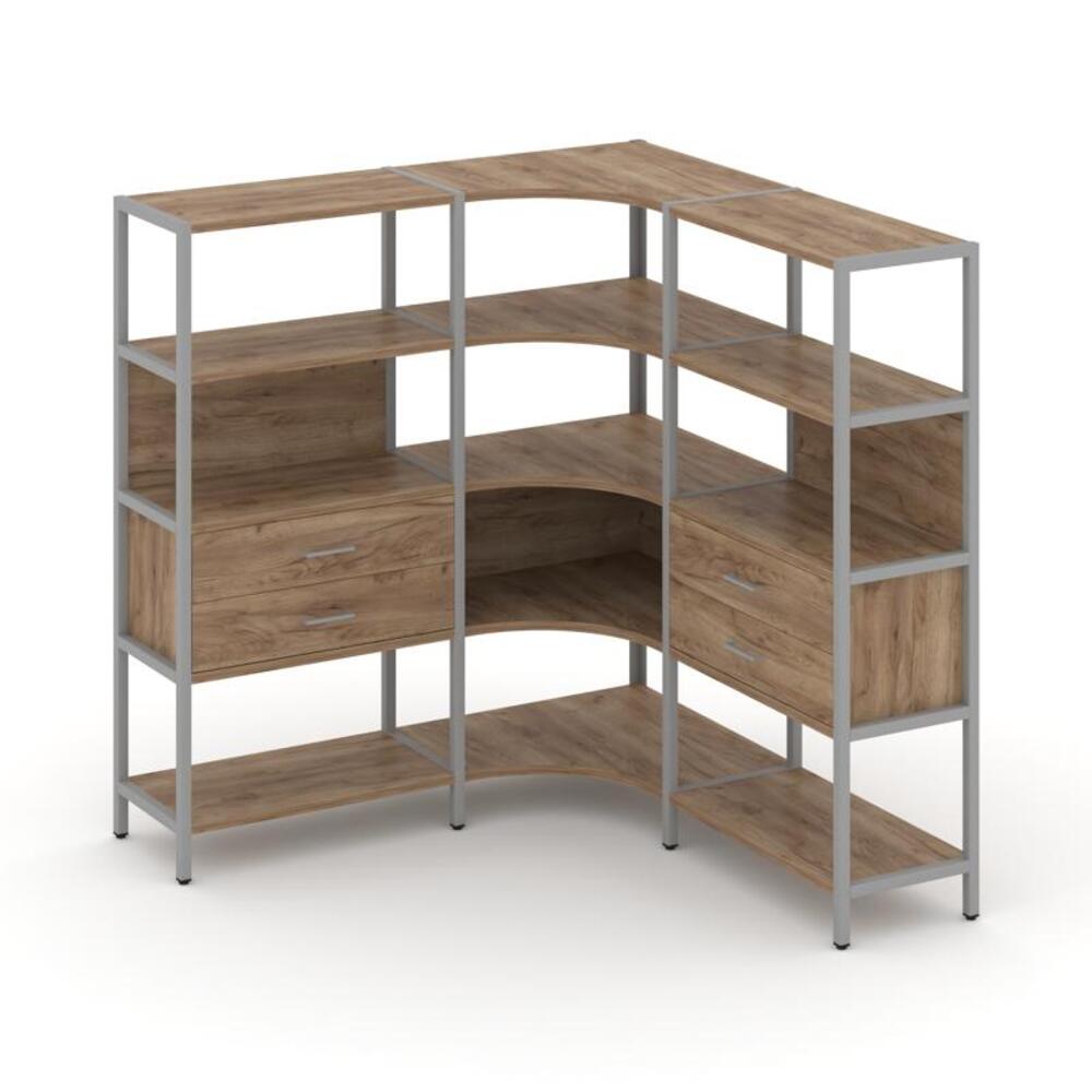 Трехсекционный угловой стеллаж четырехярусный с ящиками