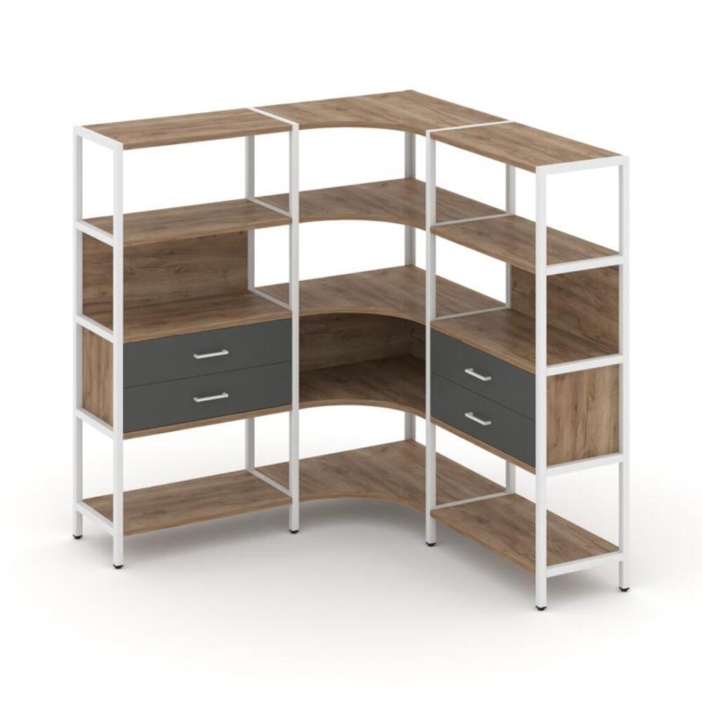 Трехсекционный угловой стеллаж четырехярусный с ящиками