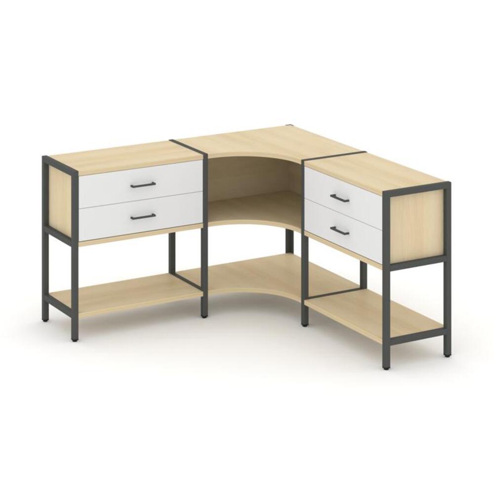 Трехсекционный угловой стеллаж двухярусный с ящиками