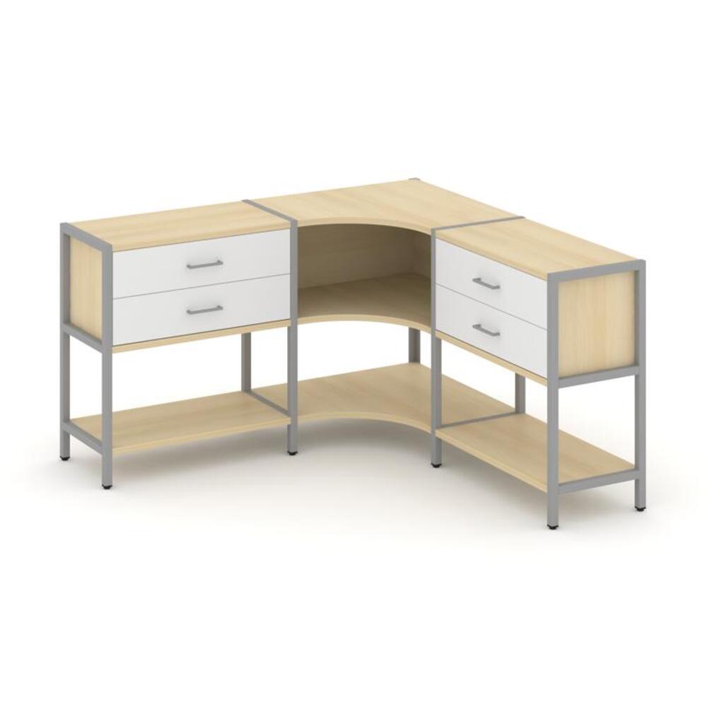 Трехсекционный угловой стеллаж двухярусный с ящиками