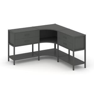 Трехсекционный угловой стеллаж двухярусный с ящиками