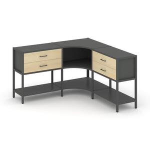 Трехсекционный угловой стеллаж двухярусный с ящиками