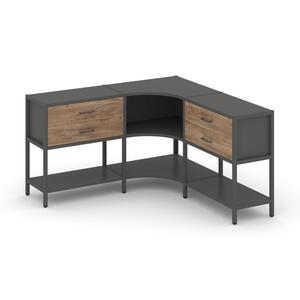 Трехсекционный угловой стеллаж двухярусный с ящиками