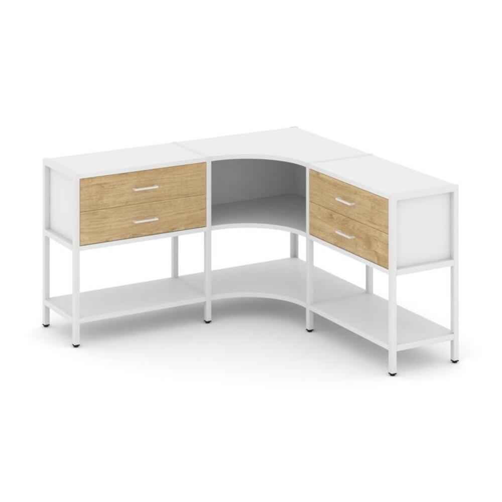 Трехсекционный угловой стеллаж двухярусный с ящиками