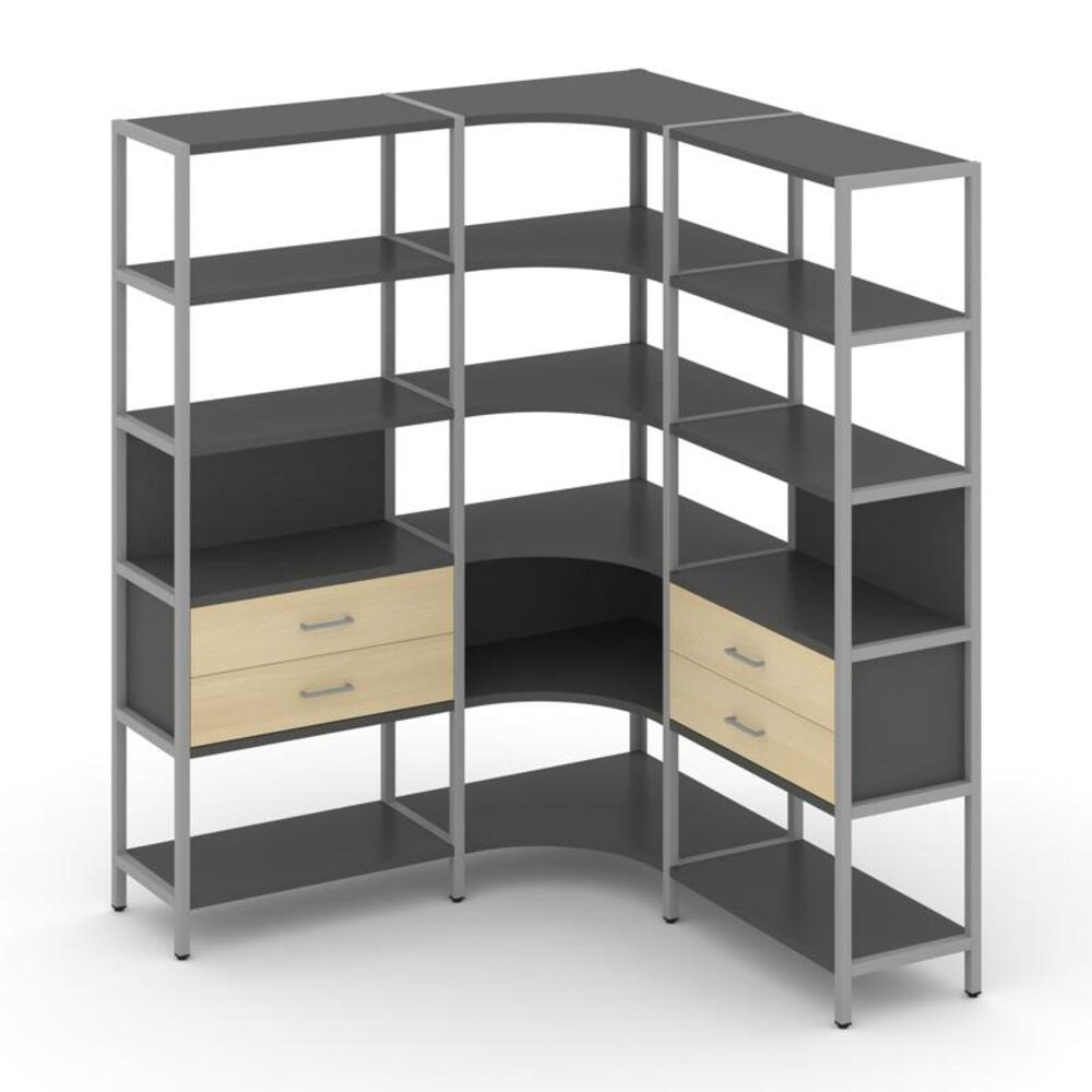 Трехсекционный угловой стеллаж пятиярусный с ящиками