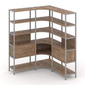 Трехсекционный угловой стеллаж пятиярусный с ящиками