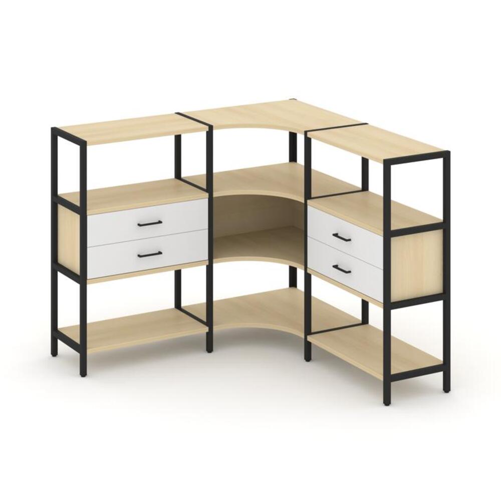 Трехсекционный угловой стеллаж трехярусный с ящиками