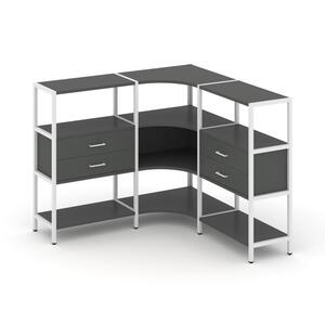 Трехсекционный угловой стеллаж трехярусный с ящиками