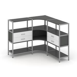 Трехсекционный угловой стеллаж трехярусный с ящиками