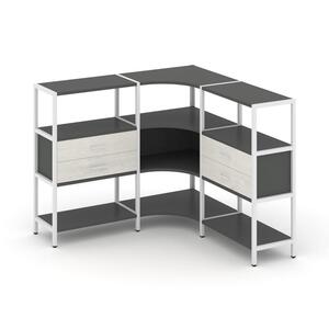 Трехсекционный угловой стеллаж трехярусный с ящиками
