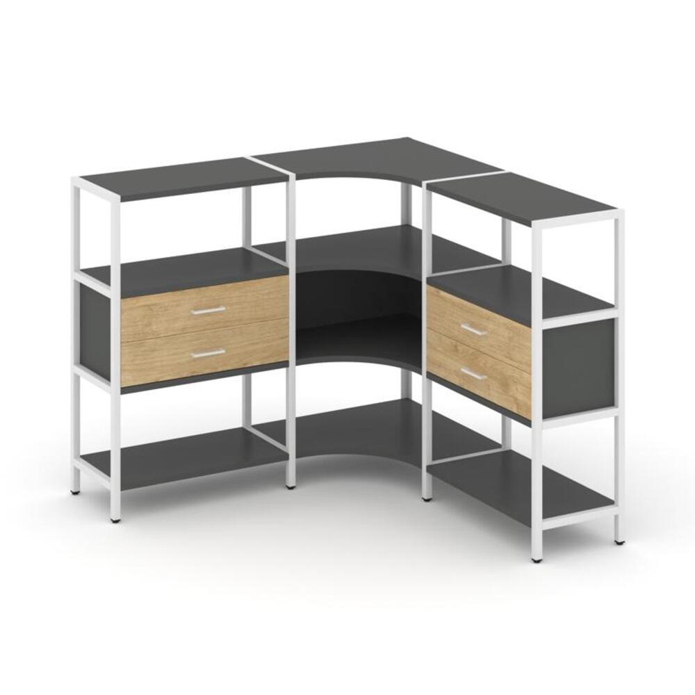 Трехсекционный угловой стеллаж трехярусный с ящиками