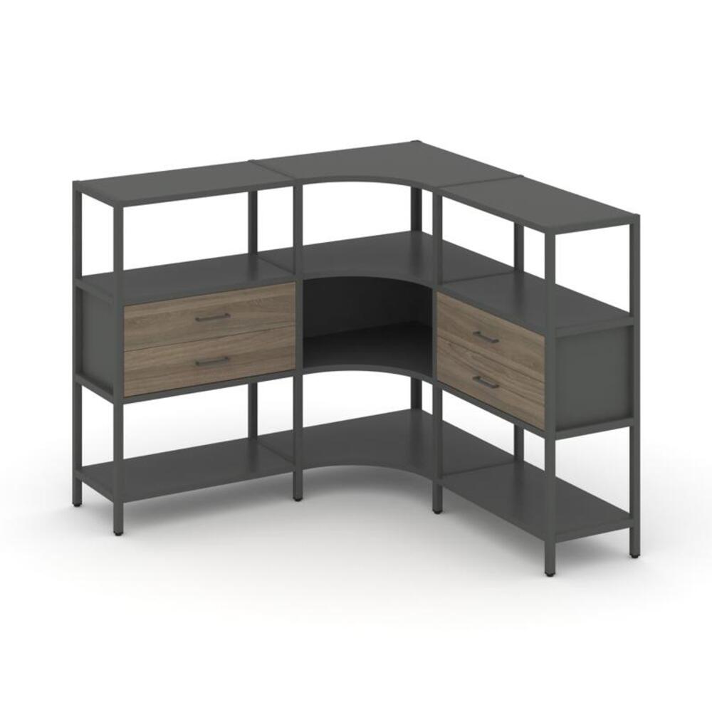 Трехсекционный угловой стеллаж трехярусный с ящиками