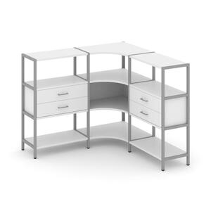 Трехсекционный угловой стеллаж трехярусный с ящиками