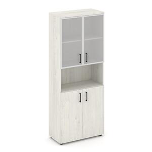 Шкаф высокий широкий (2 низких фасада ЛДСП + 2 низких фасада стекло сатин в раме)